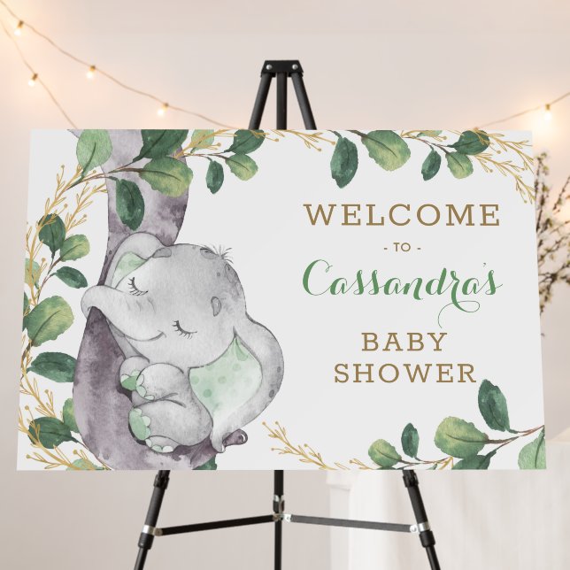 Greenery Gold Eucalyptus Elephant Baby Welcome Foam Board (In Situ (Stand))