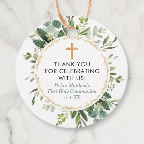 Greenery gold eucalyptus first communion baptism favor tags
