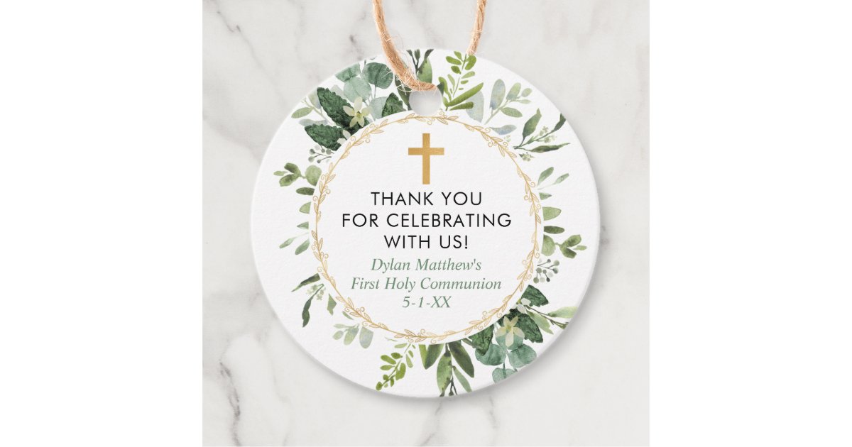 Greenery gold eucalyptus first communion baptism favor tags | Zazzle