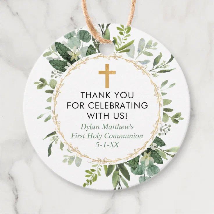 Greenery gold eucalyptus first communion baptism favor tags | Zazzle