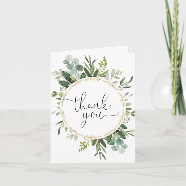 Greenery gold eucalyptus frame elegant thank you card (Front)