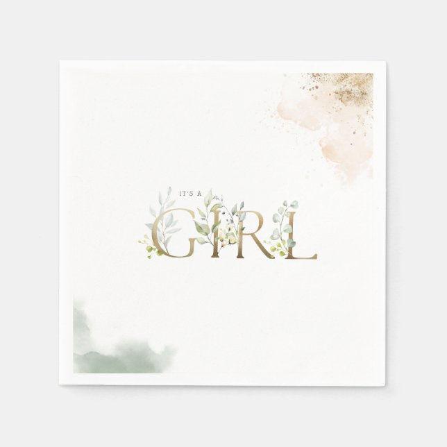 Greenery Gold Eucalyptus It's A Girl Baby Shower  Napkins (Front)