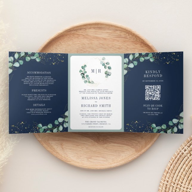 Greenery Gold Eucalyptus Navy Blue QR Code Wedding Tri-Fold Invitation (Creator Uploaded)