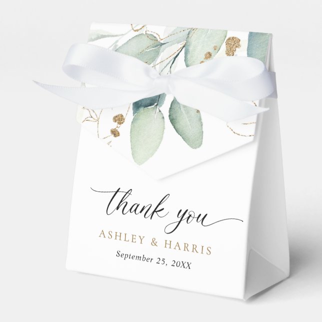 Greenery Gold Eucalyptus Rustic Wedding Favor Boxes (Front Side)