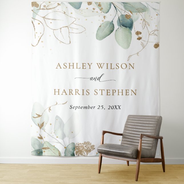 Greenery Gold Eucalyptus Rustic Wedding Tapestry (In Situ)
