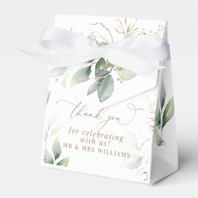 Greenery & Gold Eucalyptus Wedding Favor Boxes (Front Side)