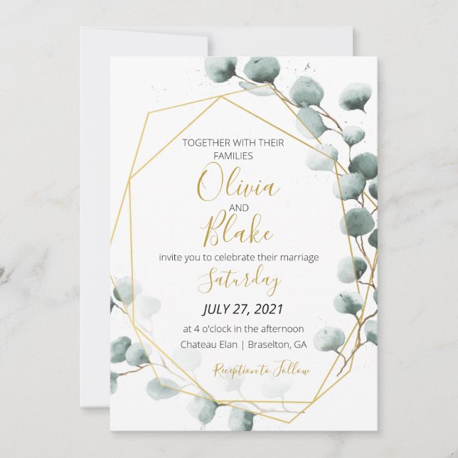 Greenery & Gold Eucalyptus Wedding Invitation (Front)
