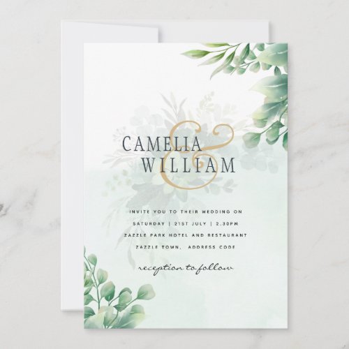 Greenery Gold Eucalyptus WEDDING QR CODE Modern Invitation