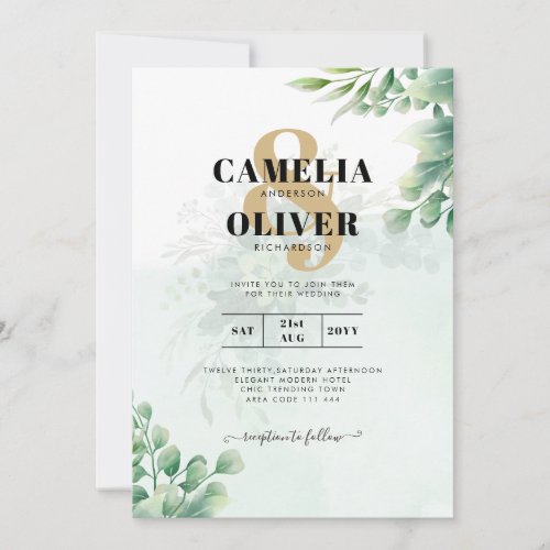 Greenery Gold Eucalyptus WEDDING QR CODE Modern Invitation