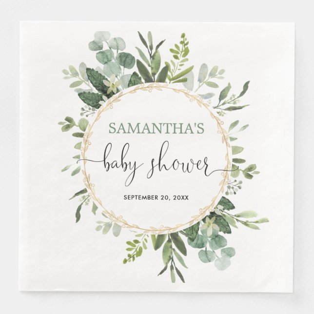 Greenery gold eucalyptus wreath baby shower paper dinner napkins (Front)