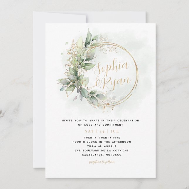 Greenery & Gold Eucalyptus Wreath Invitation (Front)