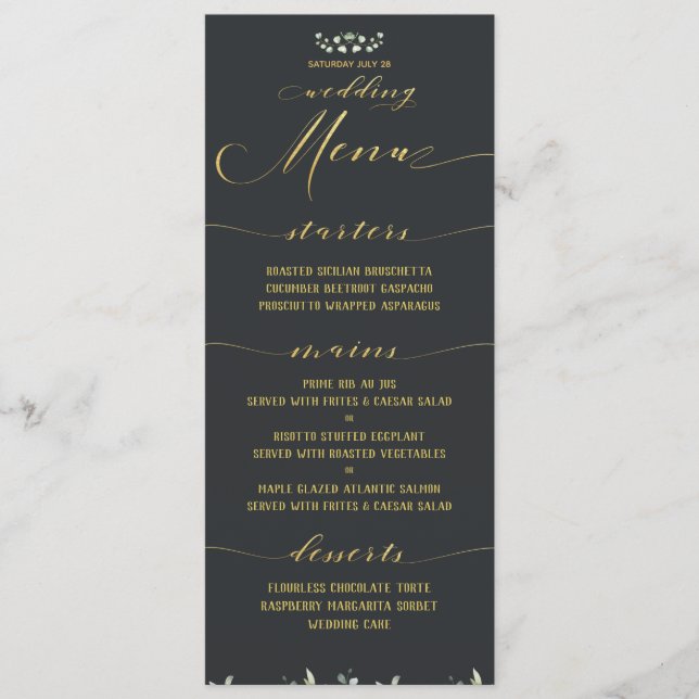 Greenery & Gold Fancy Calligraphy Gray Wedding Menu (Front)