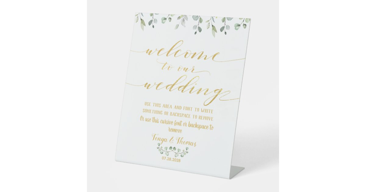 Greenery & Gold Fancy Calligraphy Wedding Welcome Pedestal Sign | Zazzle