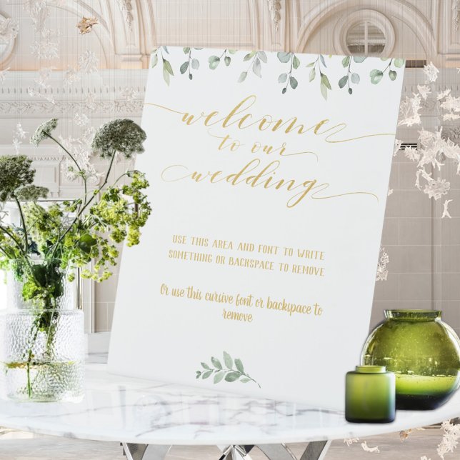 Greenery & Gold Fancy Font Calligraphy Welcome Pedestal Sign (Creator Uploaded)
