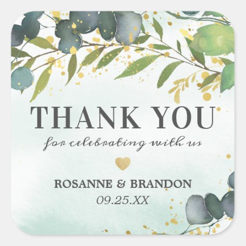 Greenery Gold Favor Thank You Square Sticker - Stylish wedding favor stickers featuring a green/blue watercolor wash, elegant eucalyptus botanical leaves, splashes of faux gold foil, a sweet heart, and a simple thank you template that is easy to personalize.