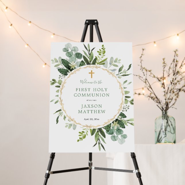Greenery gold first communion baptism welcome sign (In Situ (Stand))