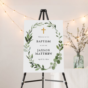 Greenery gold first communion baptism welcome sign