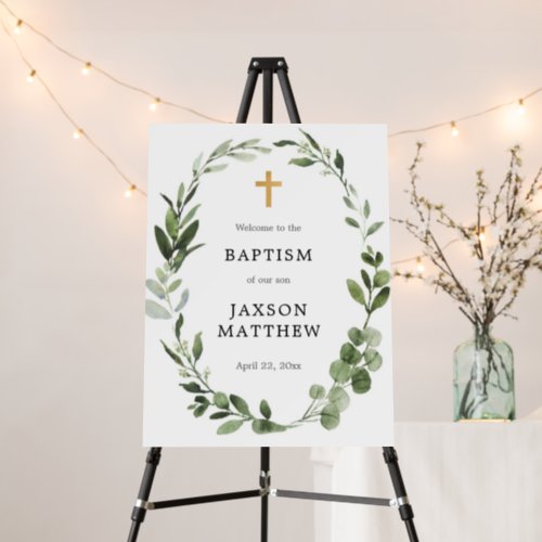Greenery gold first communion baptism welcome sign