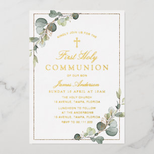 greenery gold first holy communion foil invitation
