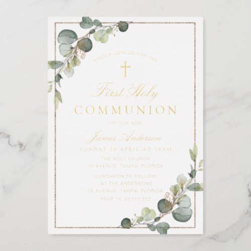 greenery gold first holy communion  foil invitation