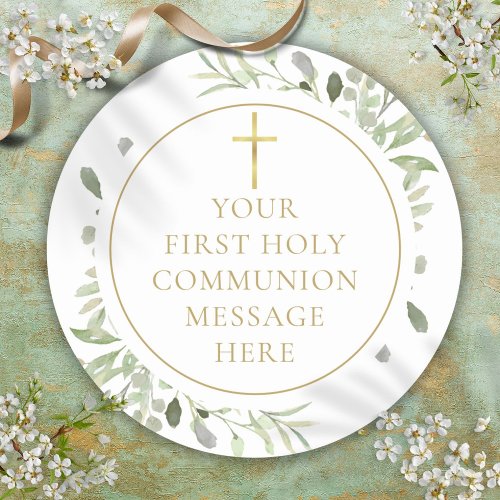 Greenery Gold First Holy Communion Message Classic Round Sticker