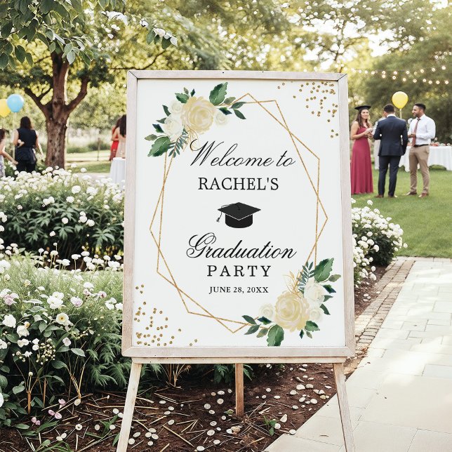 Greenery Gold Floral Graduation Party Welcome Poster (Creator Uploaded)