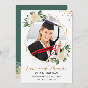 Greenery Gold Floral Graduation Photo Thank You Invitation