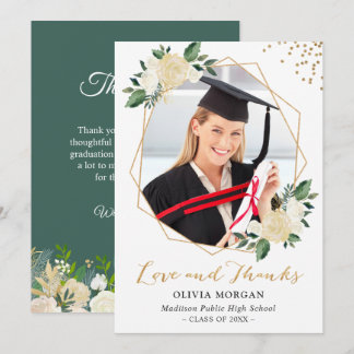 Greenery Gold Floral Graduation Photo Thank You Invitation