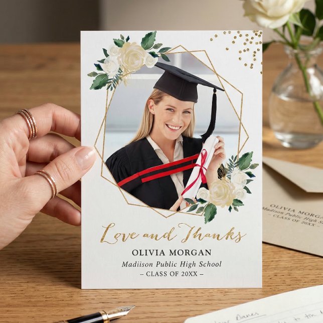 Greenery Gold Floral Graduation Photo Thank You Invitation (Creator Uploaded)