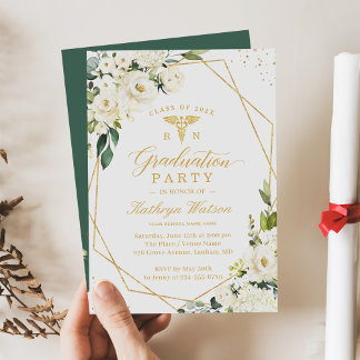 Greenery Gold Floral Medical Logo Graduation Invitation
