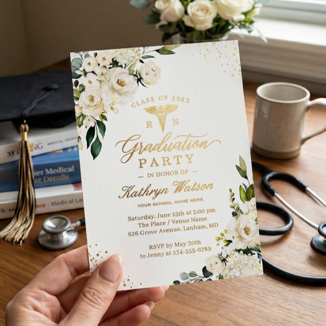 Greenery Gold Floral Nursing School Graduation Foil Invitation (Creator Uploaded)