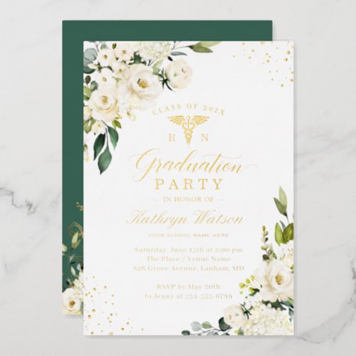 Greenery Gold Floral Nursing School Graduation Foil Invitation