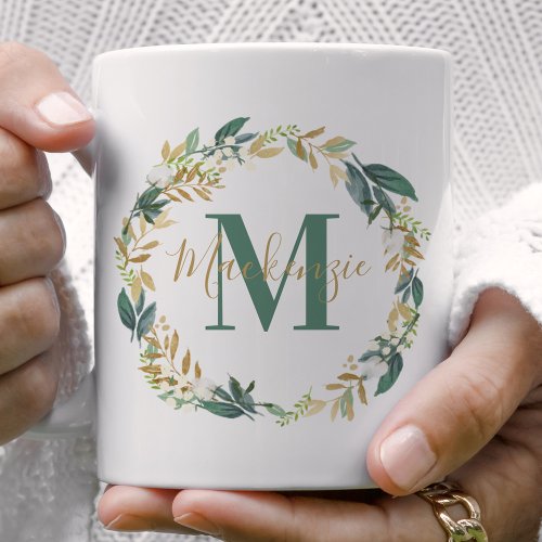 Greenery Gold Floral Wreath Custom Monogram Coffee Mug