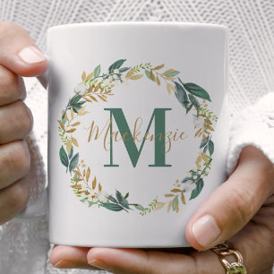 Greenery Gold Floral Wreath Monogram Coffee Mug