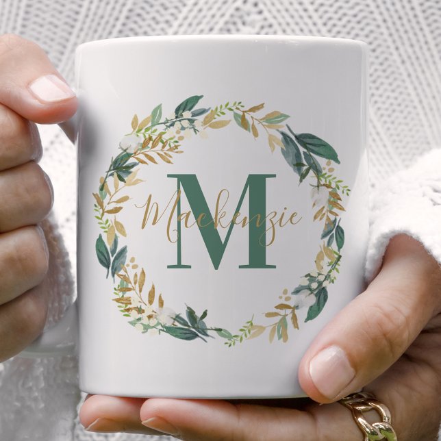 Greenery Gold Floral Wreath Monogram Coffee Mug (Creator Uploaded)