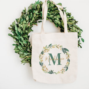 Greenery Gold Floral Wreath Monogram Name Tote Bag