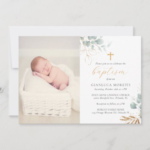 Greenery Gold Foil Baptism Invitation with Photo