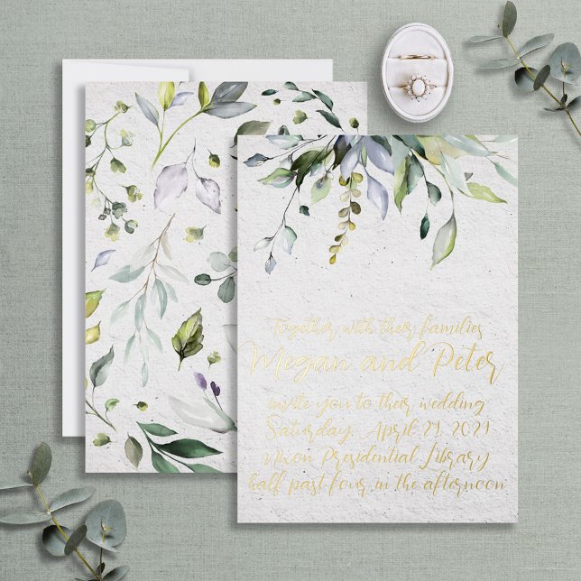 Greenery Gold Foil Calligraphy Fine Art Style Invitation (Creator Uploaded)