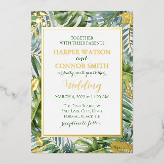 Greenery gold foil leaves simple wedding foil invitation