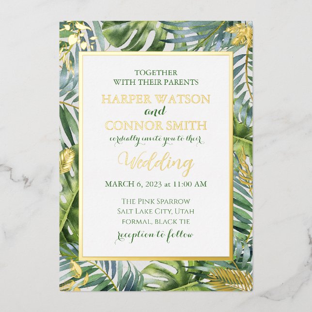 Greenery gold foil leaves  simple wedding   foil invitation (Front)