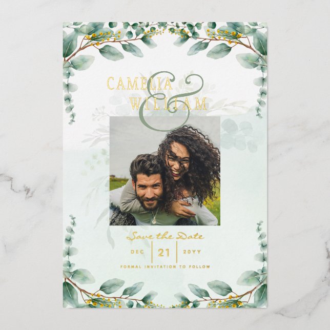 Greenery Gold Foil PHOTO QR CODE Wedding Save Date Invitation (Front)