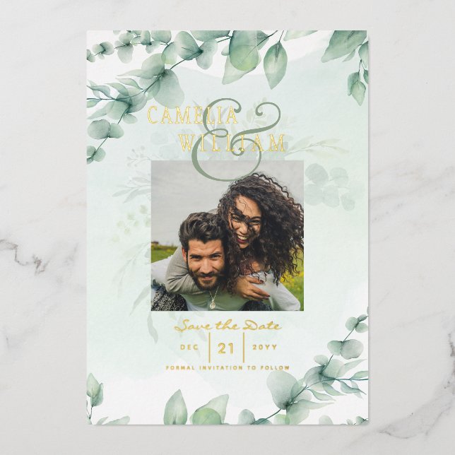 Greenery Gold Foil PHOTO QR CODE Wedding Save Date Invitation (Front)