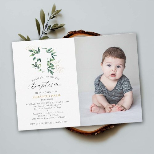 Greenery Gold Foliage Baby Toddler Photo Baptism Invitation