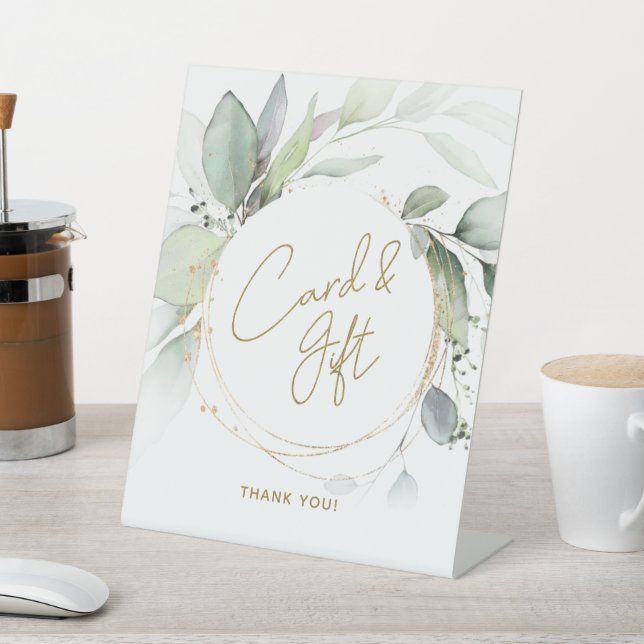 Greenery Gold Foliage Eucalyptus Card & Gift Table Pedestal Sign (In SItu)