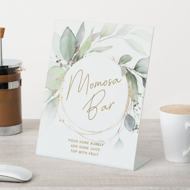 Greenery Gold Foliage Eucalyptus Momosa bar Table  Pedestal Sign (In SItu)