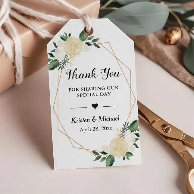 Greenery Gold Frame Floral Wedding Favor Thank You Gift Tags | Zazzle