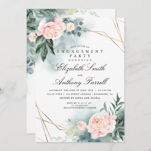 Greenery Gold Frame Pink Floral Engagement Party Invitation