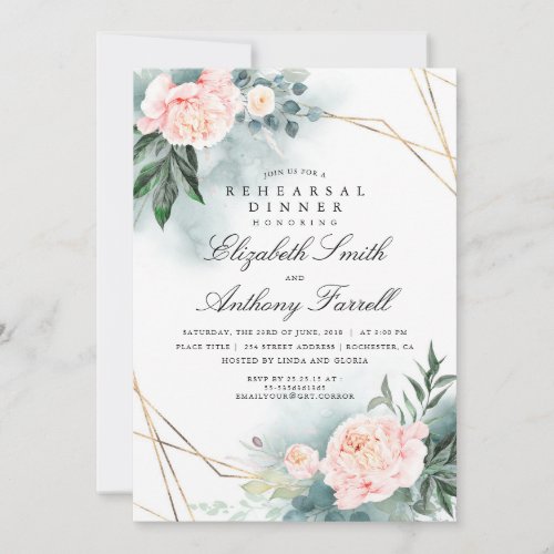 Greenery Gold Frame Pink Floral Rehearsal Dinner Invitation