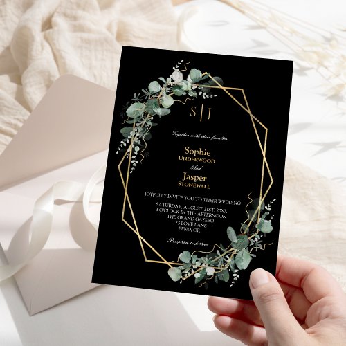 Greenery Gold Frame Simple Black Monogram Wedding Invitation