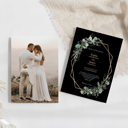 Greenery Gold Frame Simple Black Photo Wedding Invitation